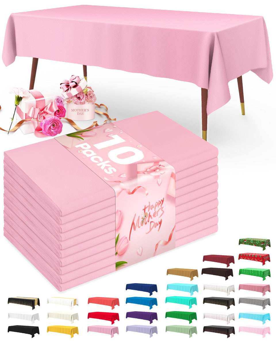 Pureegg pink 54x108 tablecloth draped over a table for festive coverage