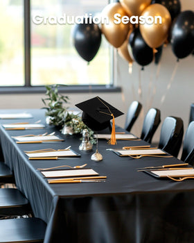 Pureegg black rectangle tablecloth covers a table setup for events