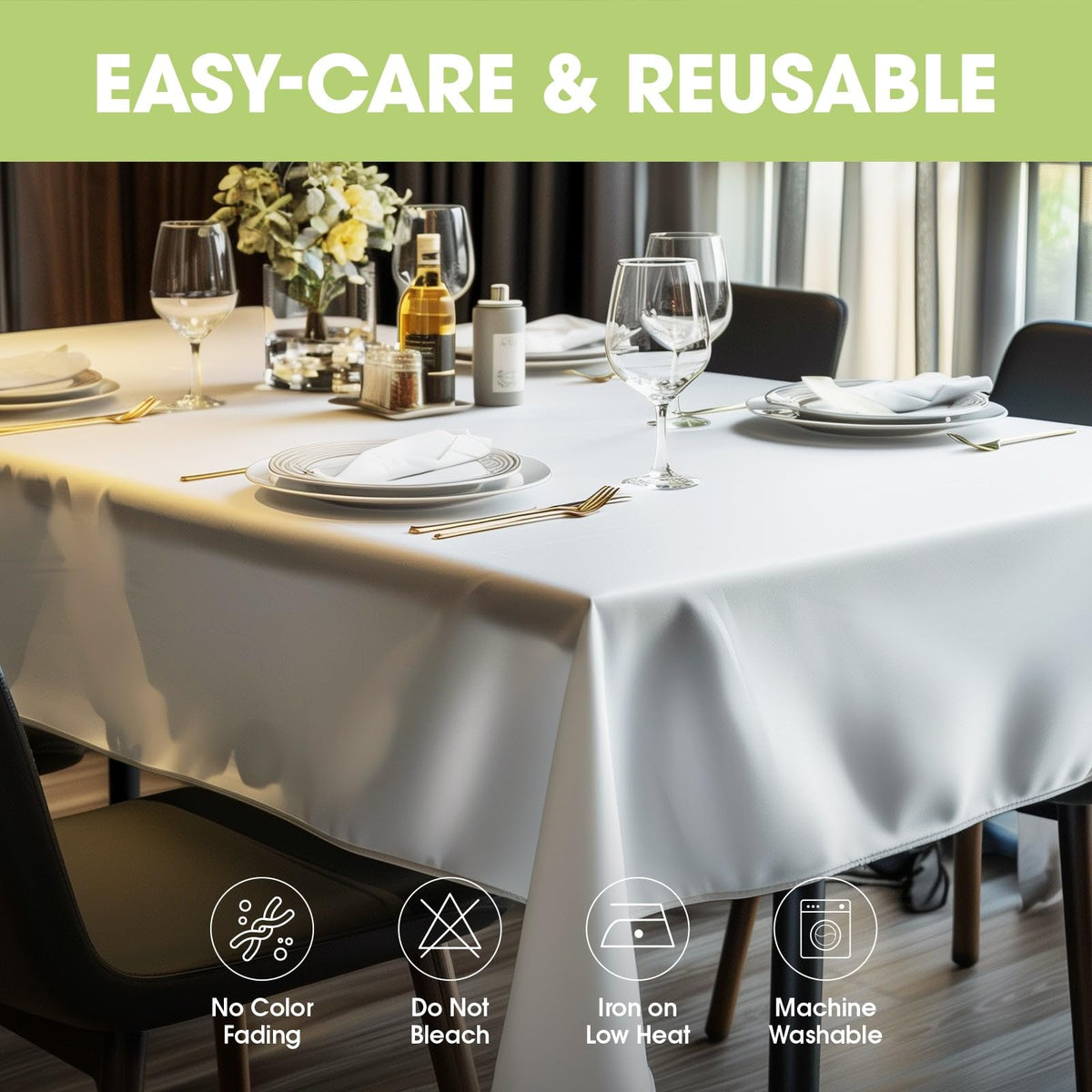 Pureegg tablecloth easy-care label highlights machine-washable and tear-resistant performance