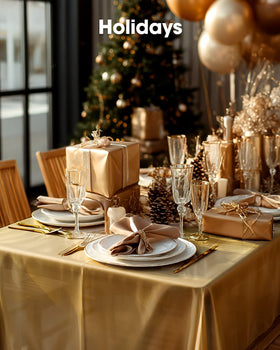 Pureegg Christmas tablecloth with gold tone enhances seasonal table styling.