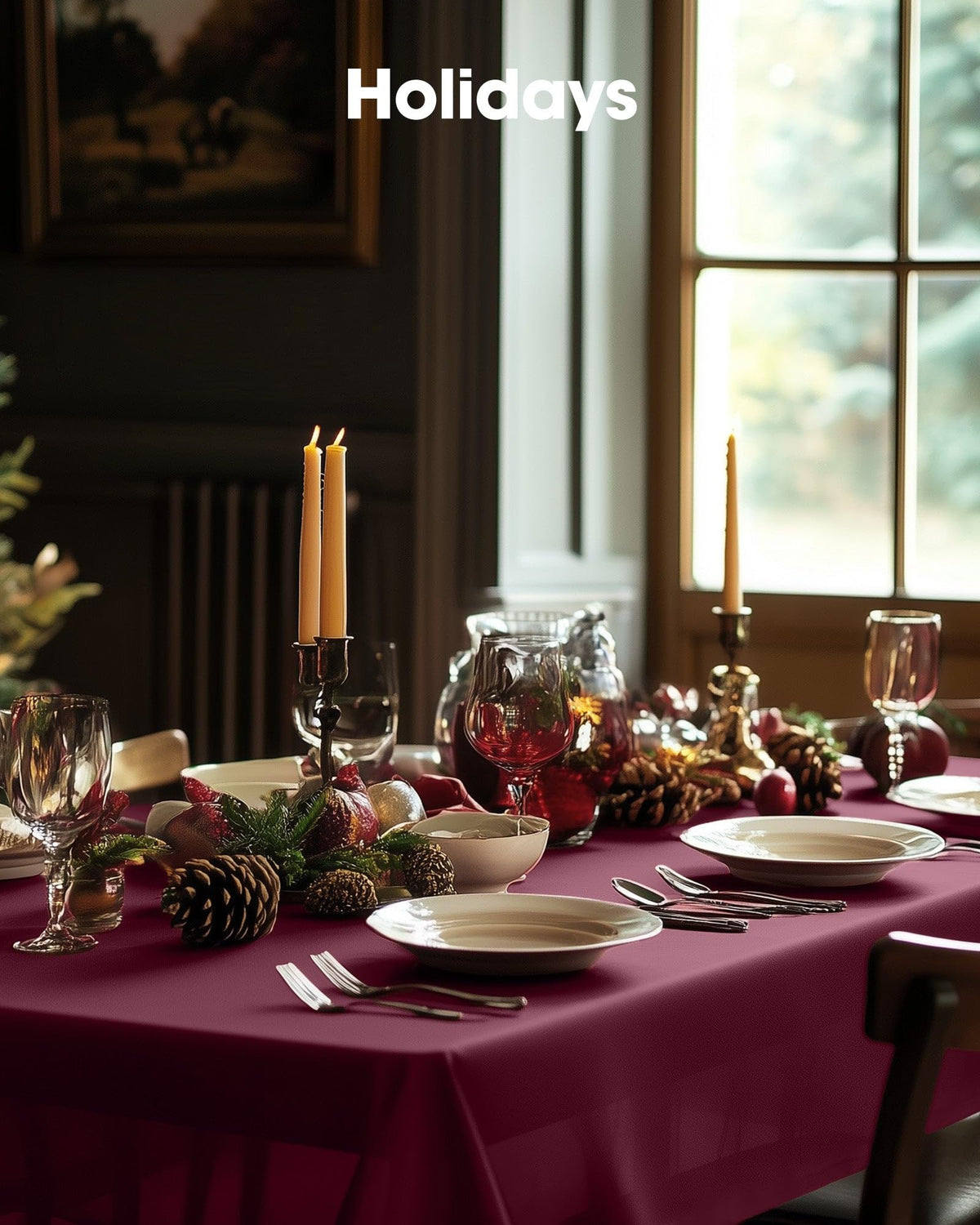 Pureegg burgundy tablecloth enhances holiday party decor.