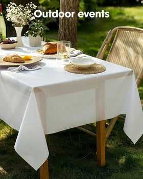 Pureegg sturdy white plastic tablecloth provides reliable coverage for meals.
