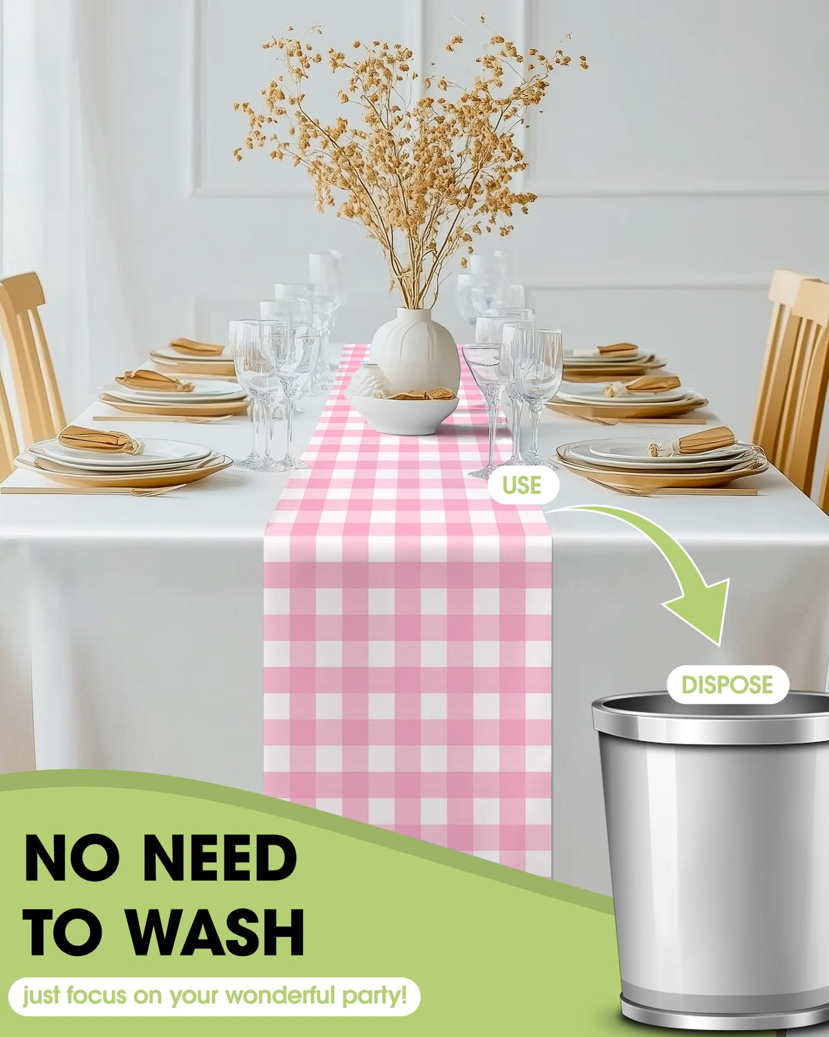 Pureegg universal-fit 14x108 table runner placed on long table for smooth centerpiece.