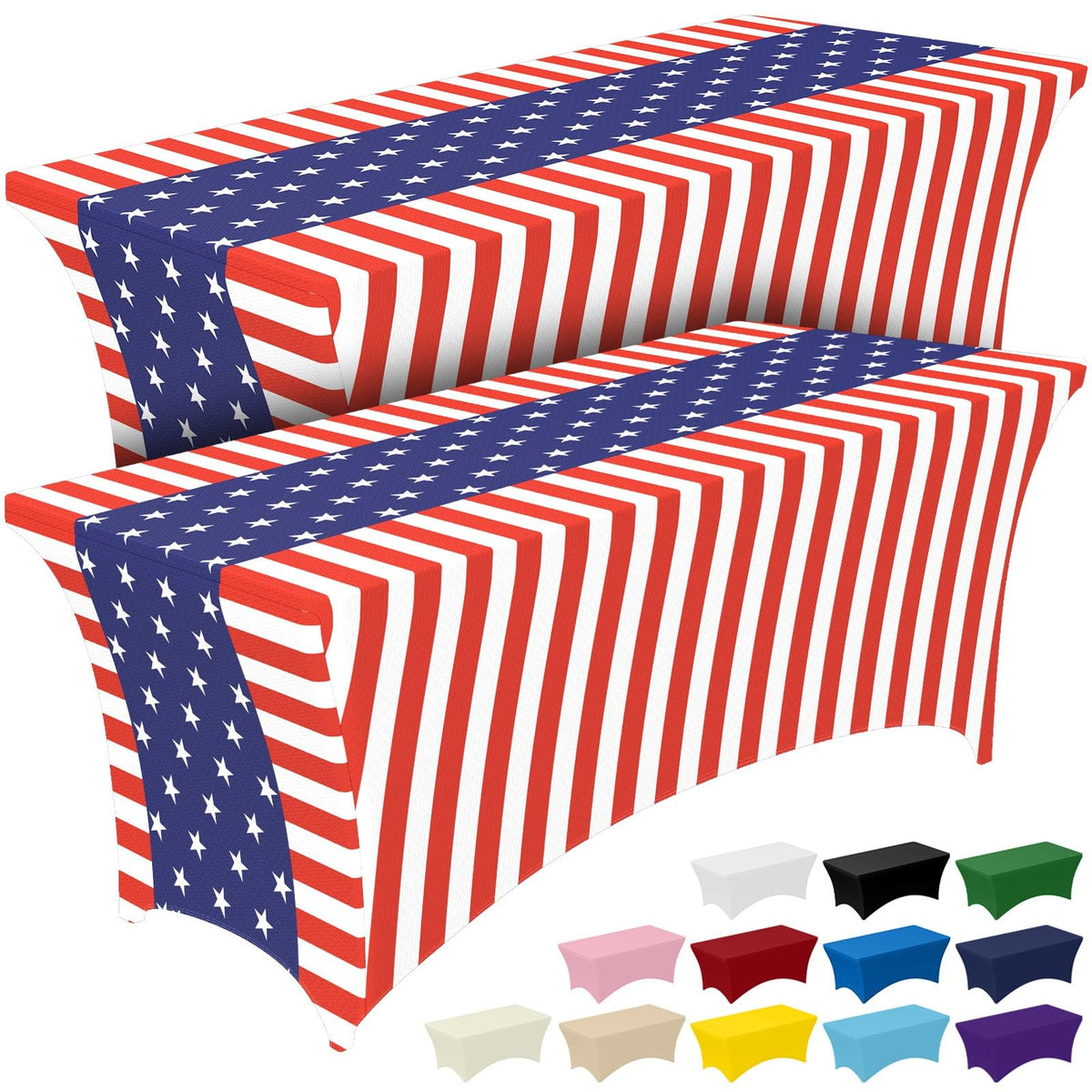 Pureegg USA flag spandex tablecloth draped over a 6ft table for a bold patriotic look.