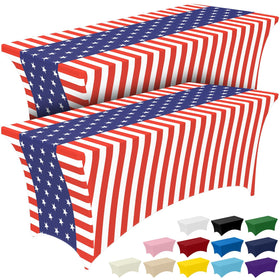 Pureegg USA flag spandex tablecloth draped over a 6ft table for a bold patriotic look.