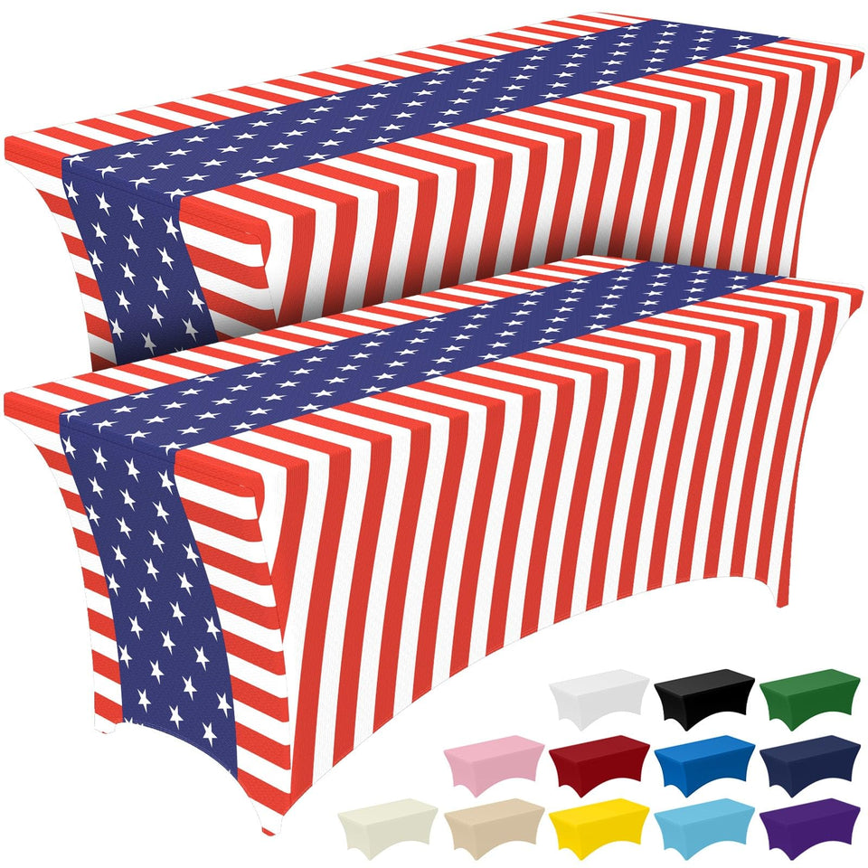 Pureegg USA flag spandex tablecloth draped over a 6ft table for a bold patriotic look.