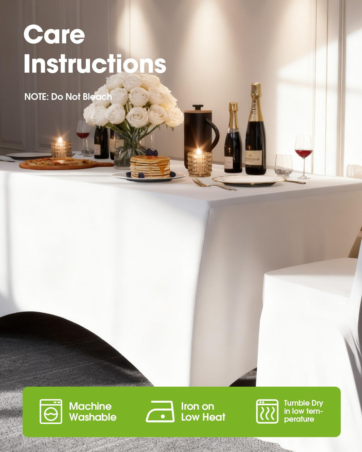Wrinkle-resistant fabric drapes smoothly over the table.