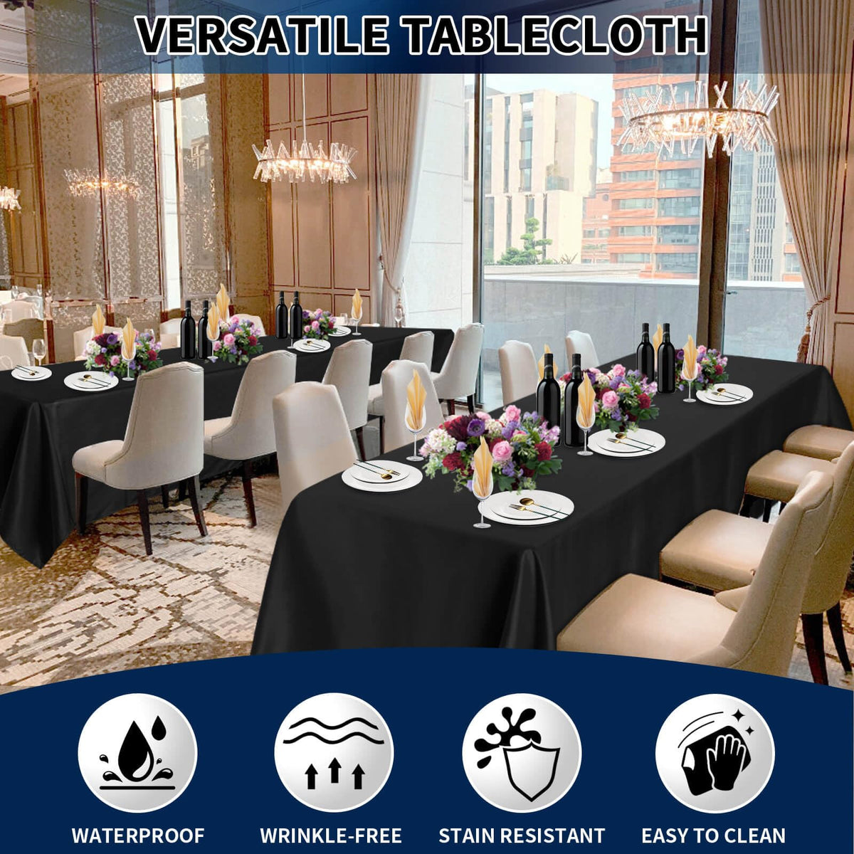 Stain-resistant fabric protects tables during busy gatherings with PureFit tablecloths.