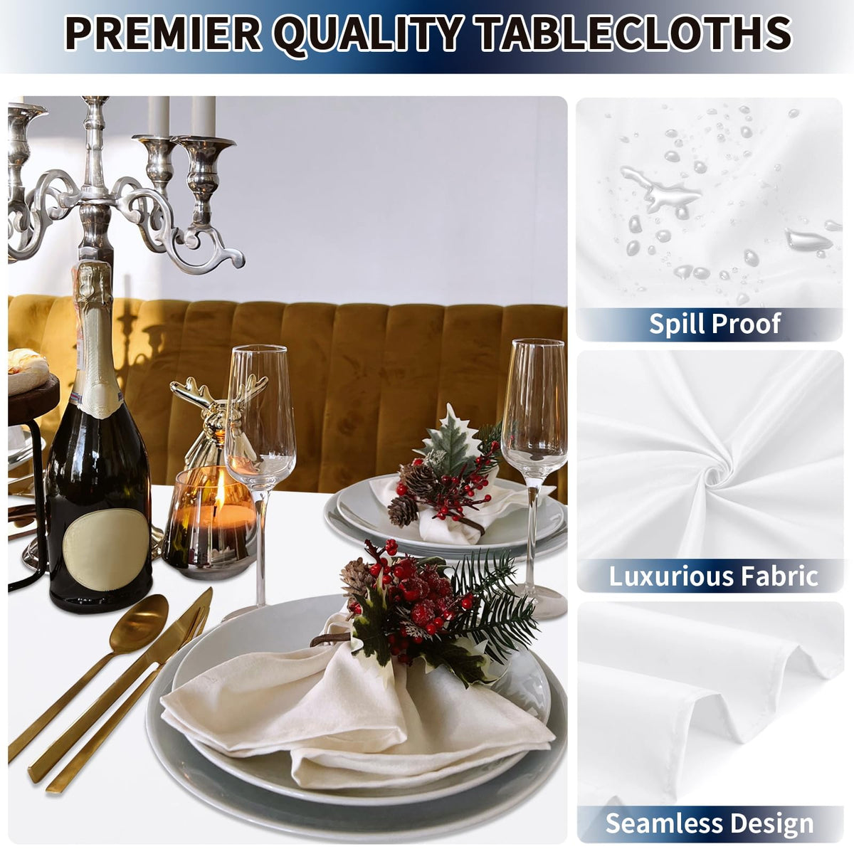 PureFit wrinkle-free tablecloth with a seamless weave for a smooth, polished look.