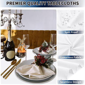PureFit wrinkle-free tablecloth with a seamless weave for a smooth, polished look.