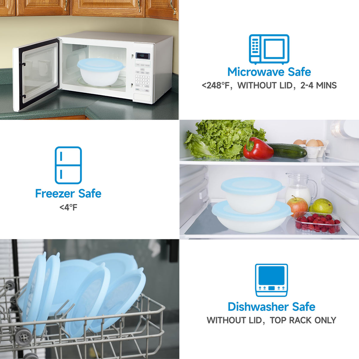 Four-pack Purekra silicone lids for Corelle 28oz bowls, ready for daily meal prep.