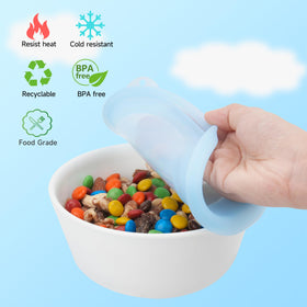 Purekra silicone lids compatible with Corelle 28oz bowls, dishwasher-safe for easy cleanup.