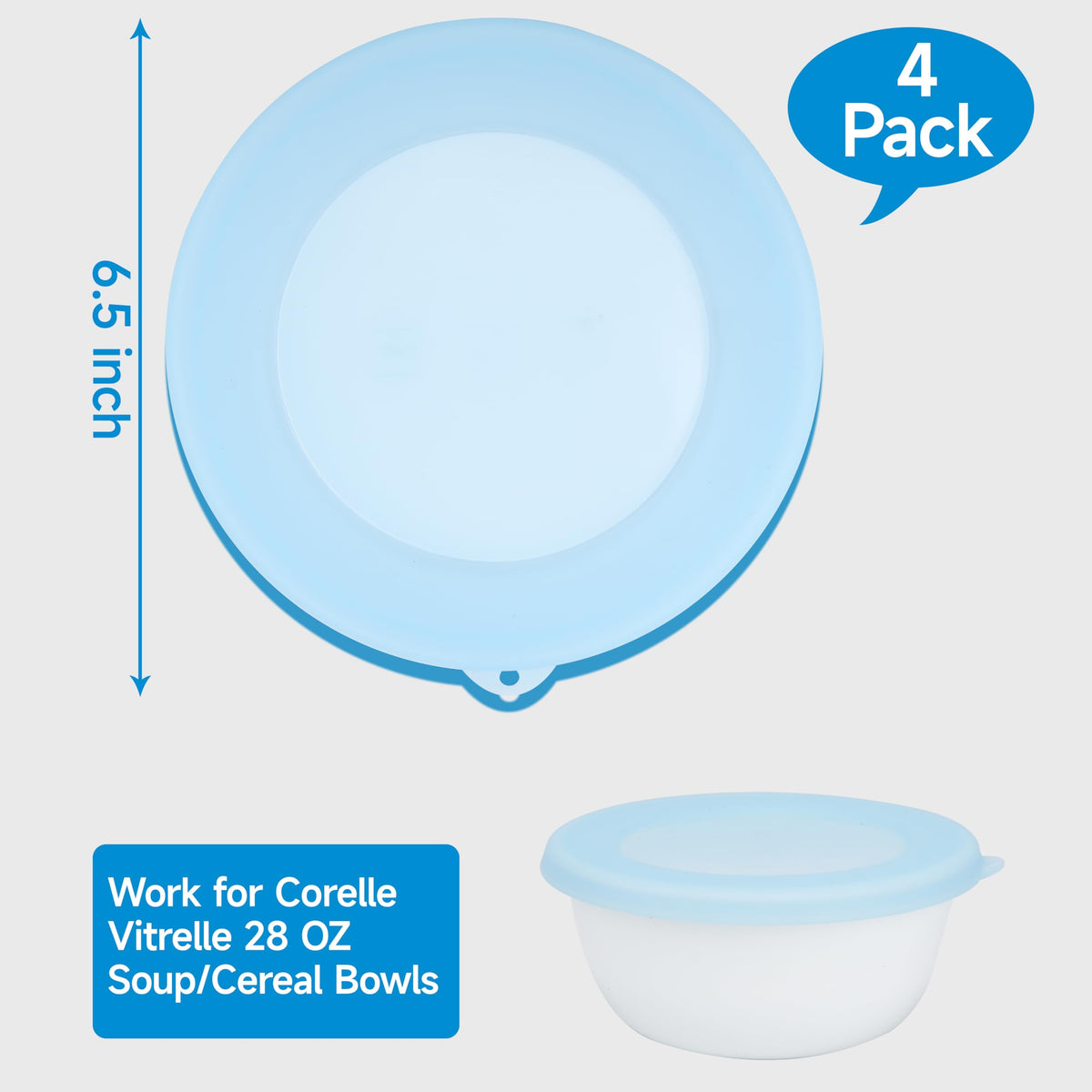 Close-up of Purekra silicone lids ensuring a leakproof fit on Corelle bowls.