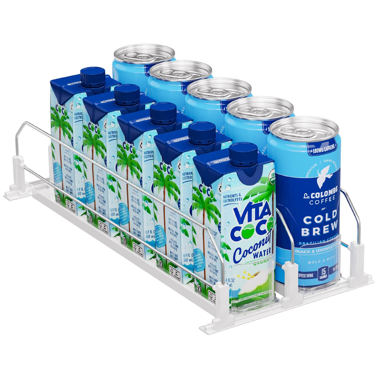 Puricon drink organizer in fridge front view keeps beverages neatly accessible.