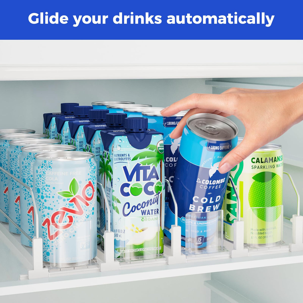Puricon drink organizer with spring loaded pusher for easy access