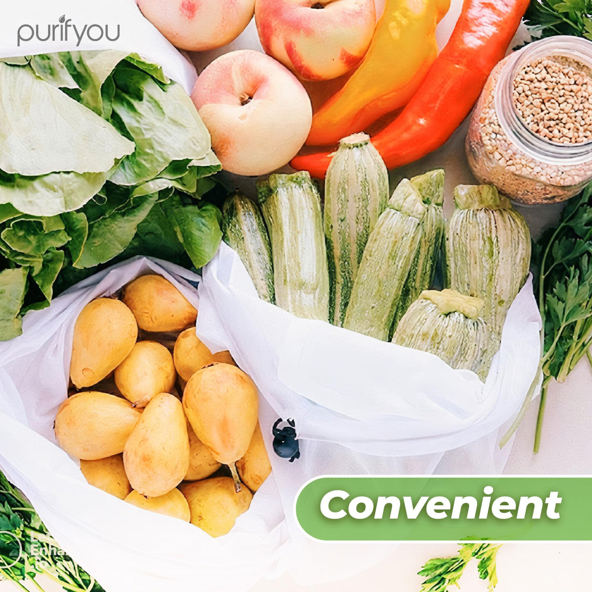 Purifyou large produce bags 12x14 in organized with fruits and vegetables