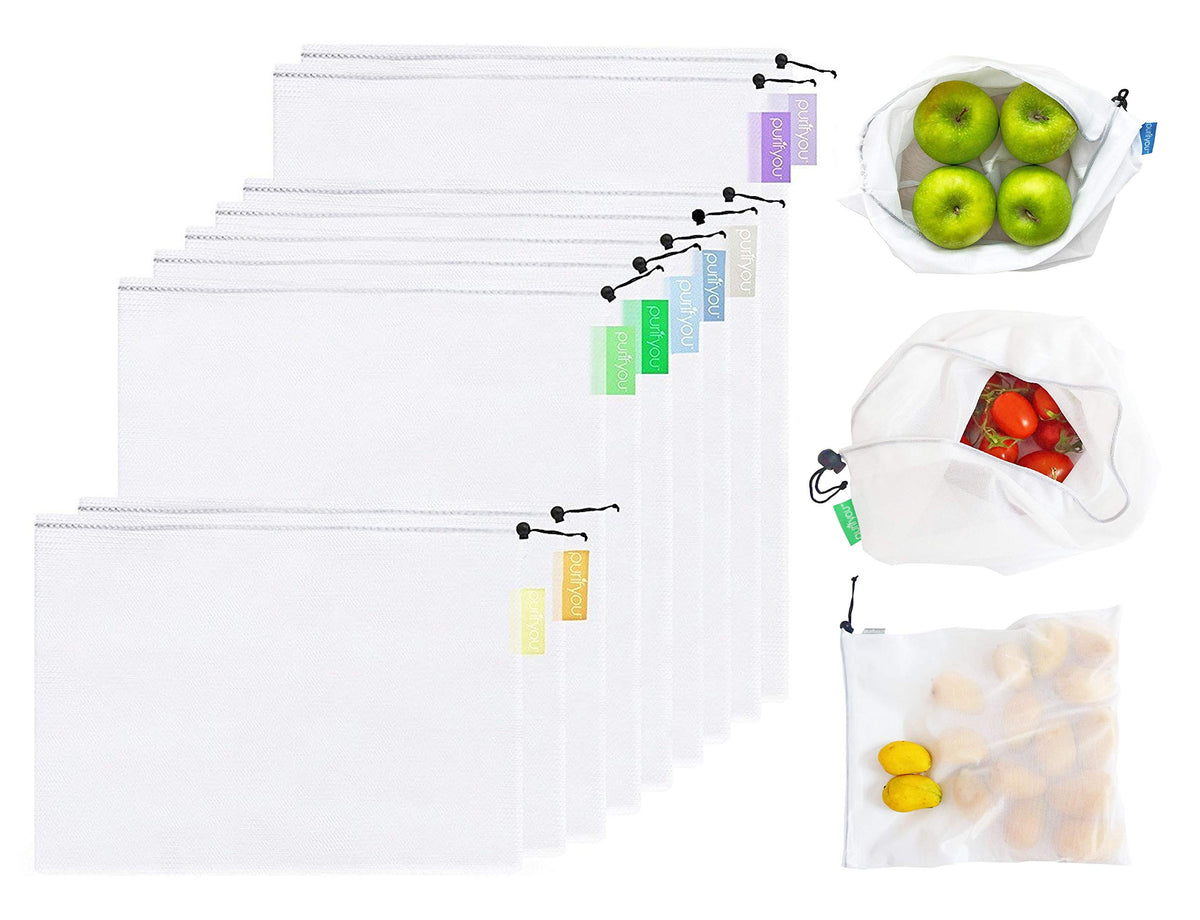 Purifyou 9-piece produce bag set shown in assorted sizes for market shopping and storage