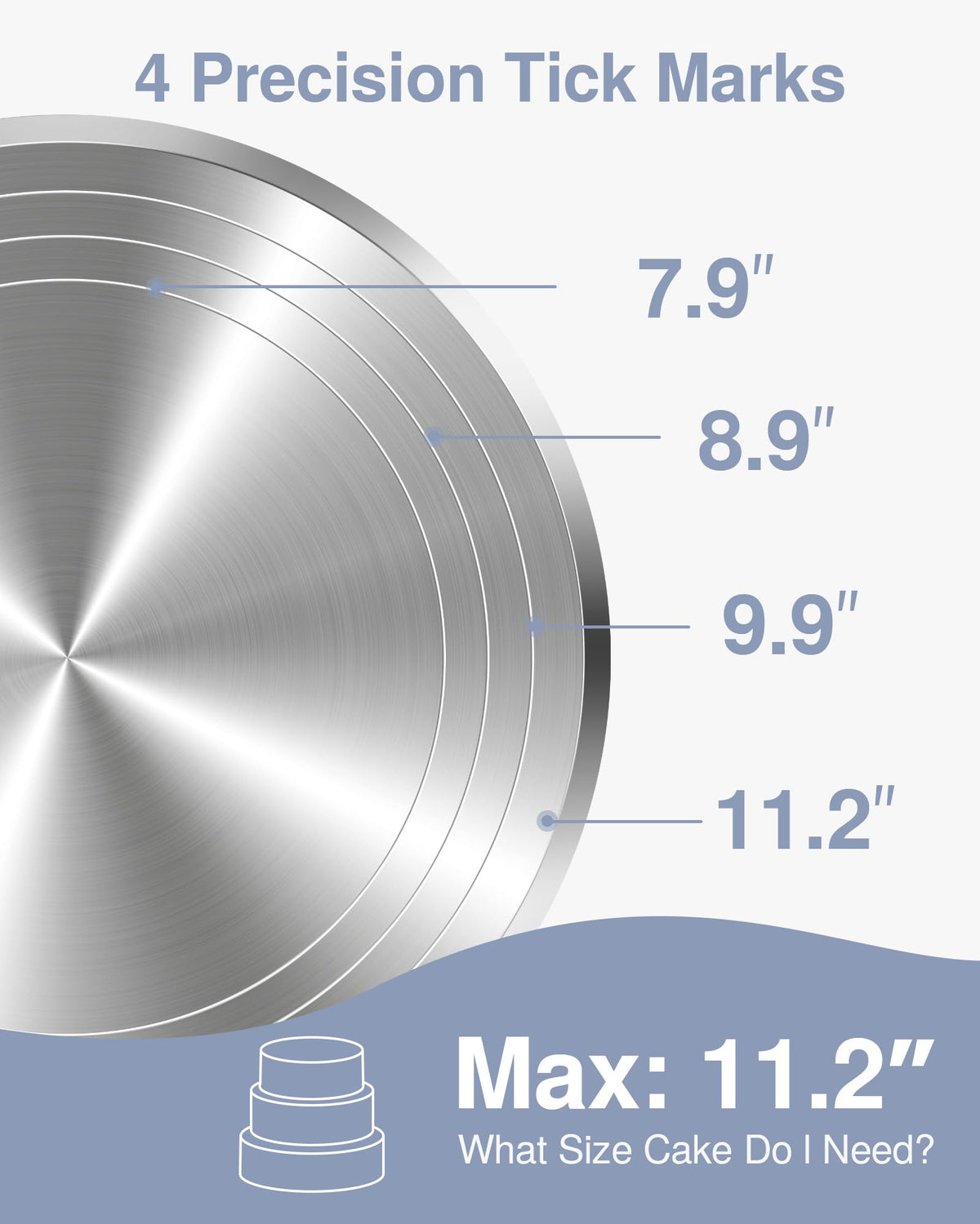 Puroma turntable shows precision tick marks for cake sizing.