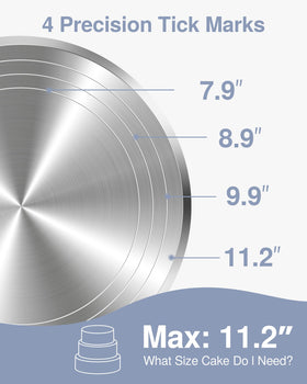 Puroma turntable shows precision tick marks for cake sizing.