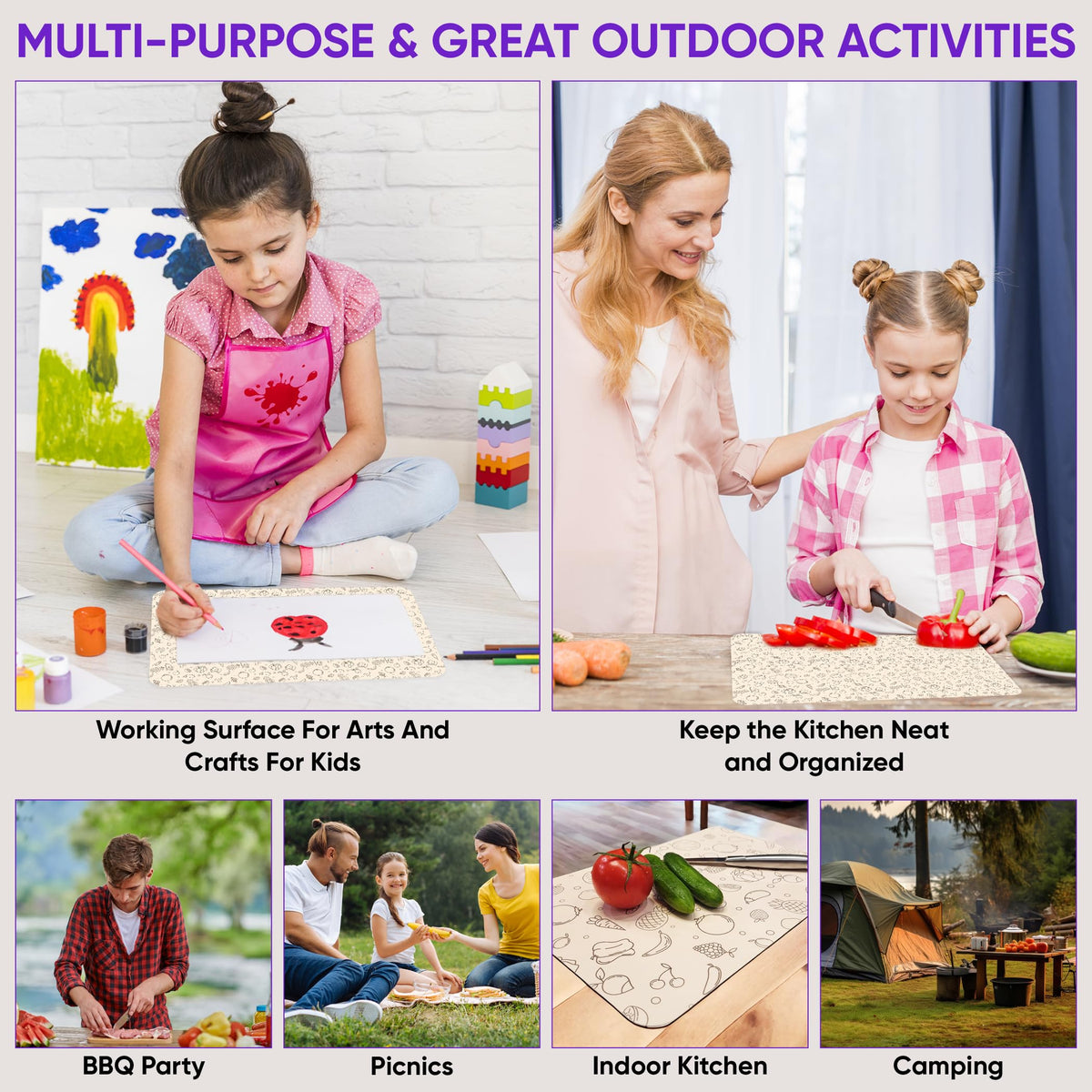 Purple Dot camping cutting board sheet ideal for outdoor cooking and no-wipe cleanup.