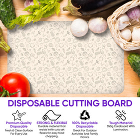 Purple Dot cutting board sheet for seafood provides easy cleanup after prep.