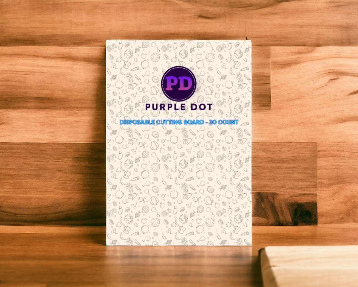Purple Dot disposable board sheet simplifies cleanup after meal prep and cooking.