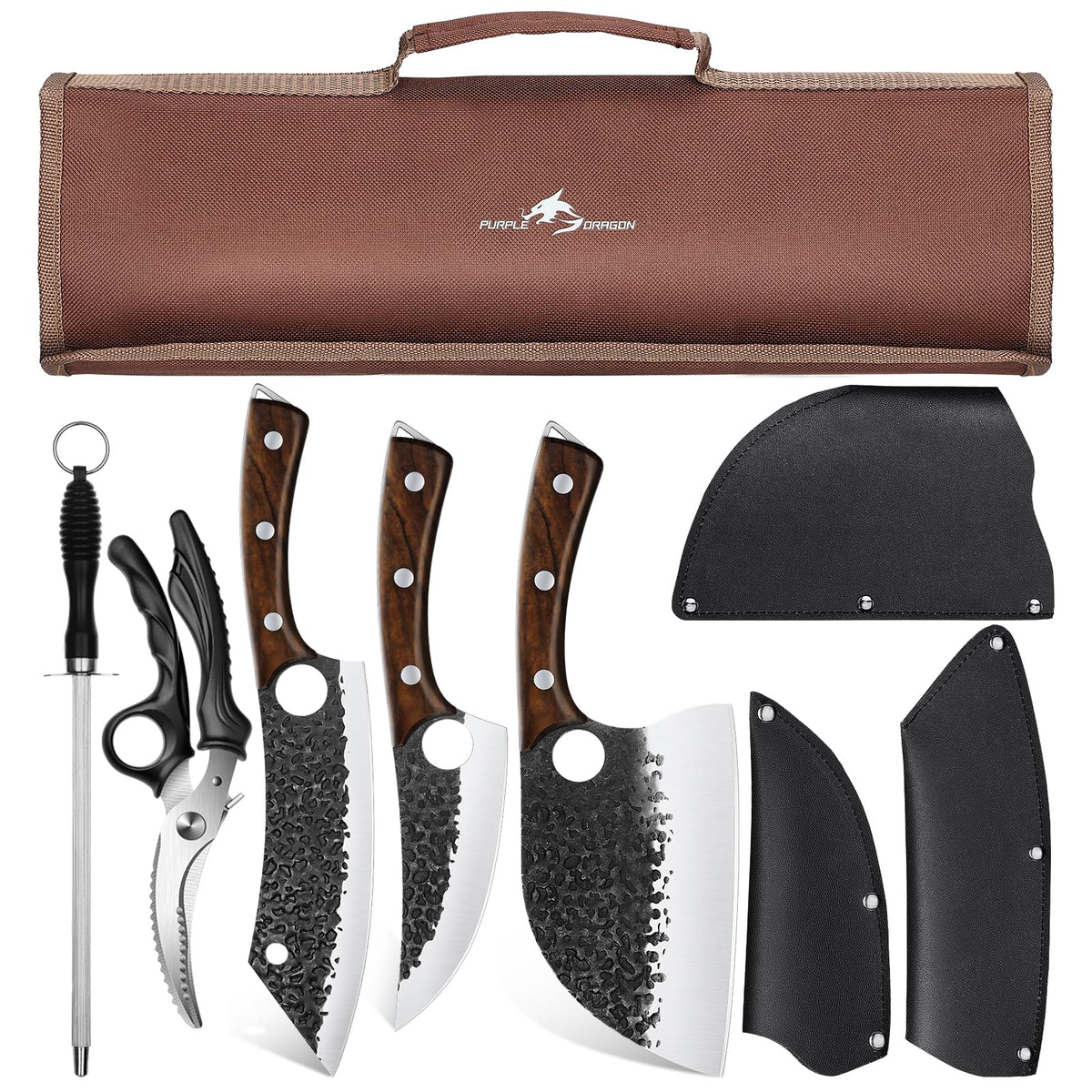 Purple Dragon butcher knife set with roll bag for portable outdoor cooking.