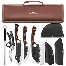 Purple Dragon butcher knife set with roll bag for portable outdoor cooking.