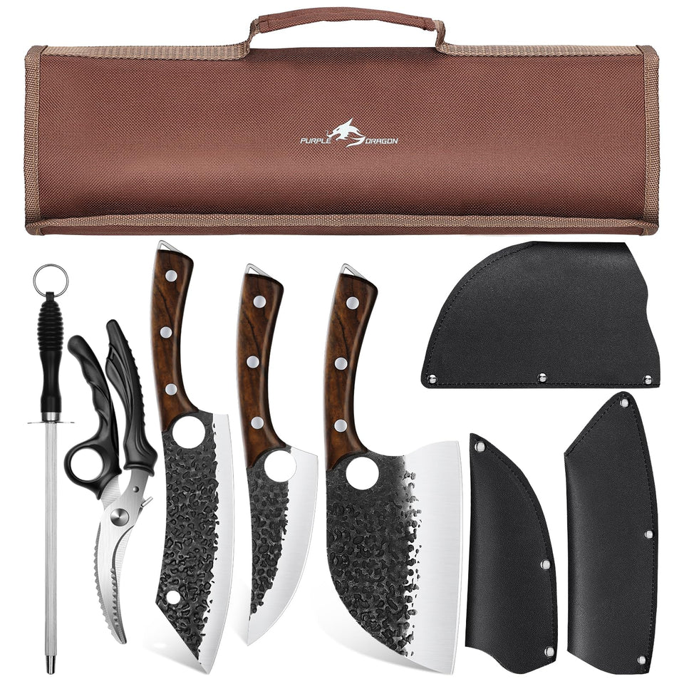Purple Dragon butcher knife set with roll bag for portable outdoor cooking.