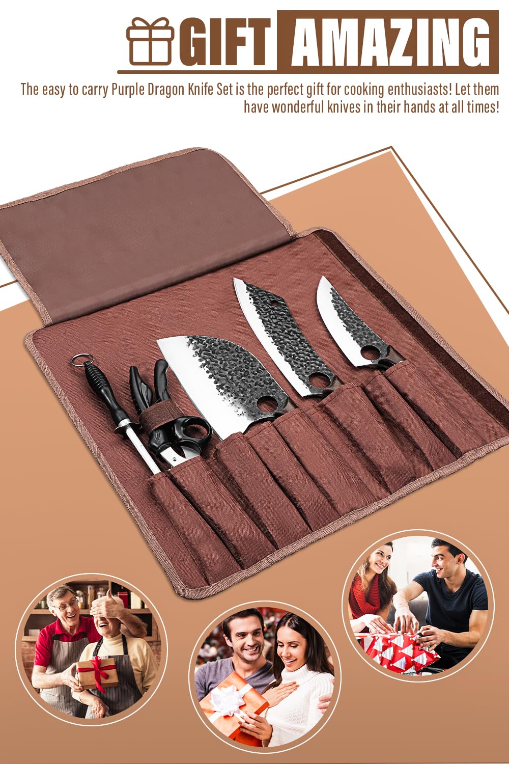 Purple Dragon portable knife set for outdoor cooking and travel.