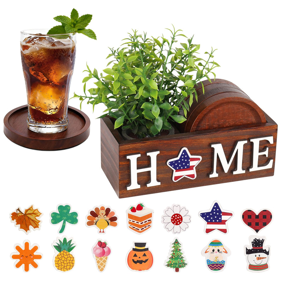 PurpleSwan wooden coaster set with holder, organized and stylish for farmhouse tables.