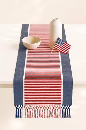 PurpleEssences 4th of July table runner with wide dobby stripe enhances patriotic dining and centerpiece appeal.