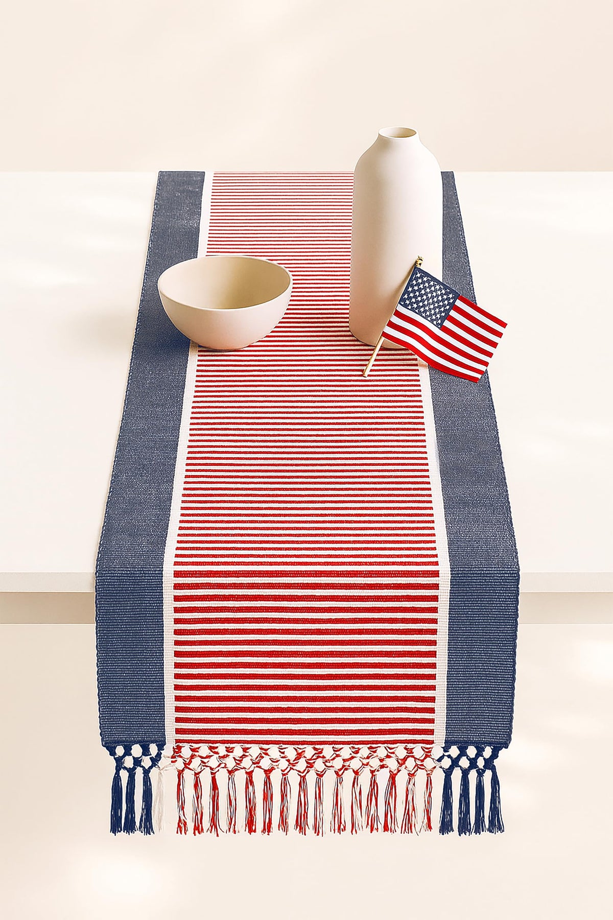 PurpleEssences fourth-of-july table runner with dobby stripe enhances patriotic dining.