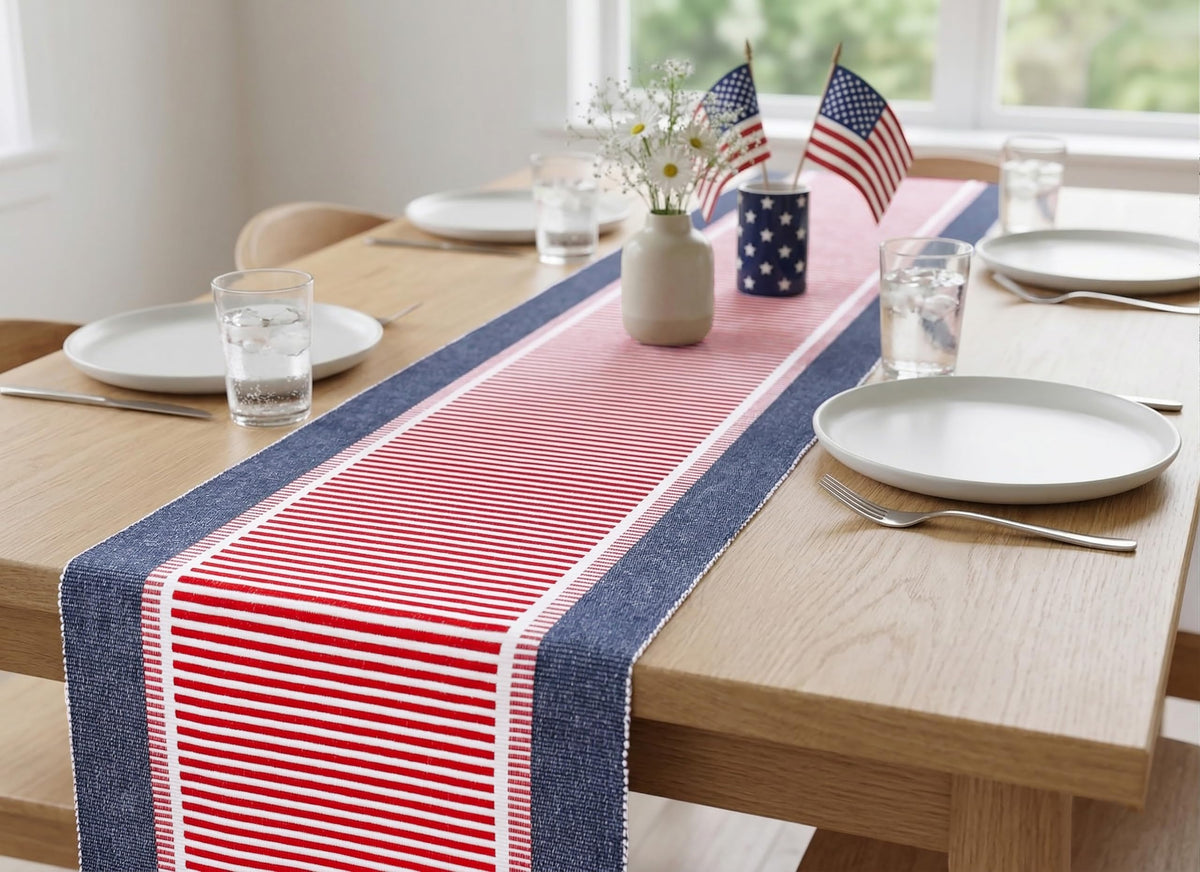 PurpleEssences red white blue colorfast table runner complements patriotic decor.