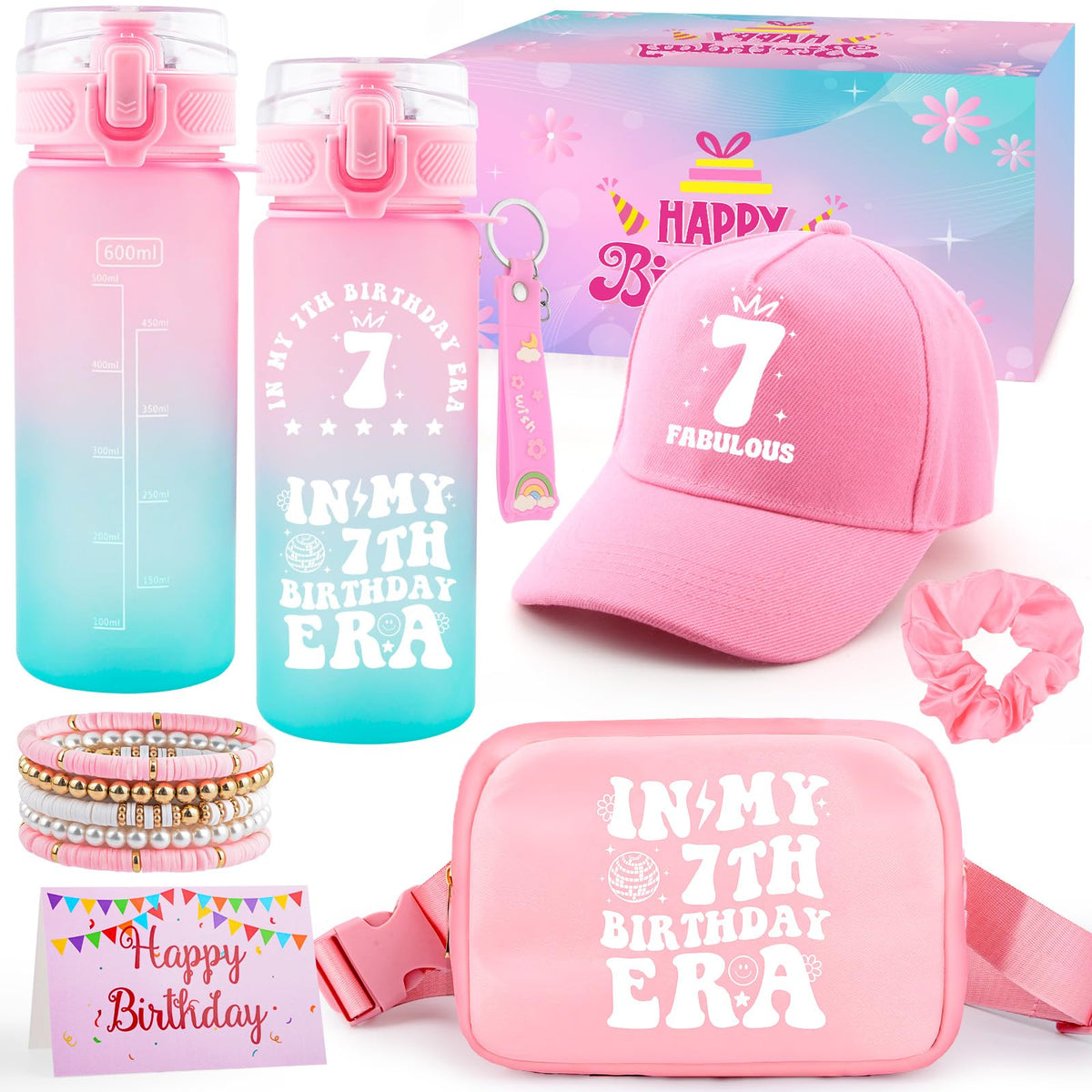 Purtarly 600ml water bottle with 7th birthday era design for on the go hydration.