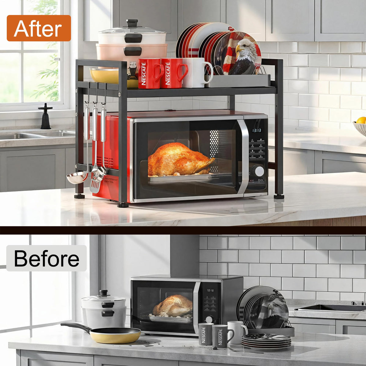 PUSDON expandable rack demonstrates adjustable height levels for fitting appliances.