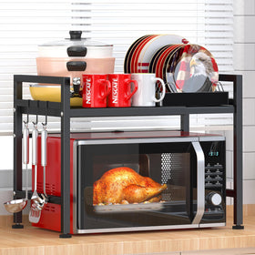 PUSDON expandable microwave rack shows length adjustability for compact countertops.