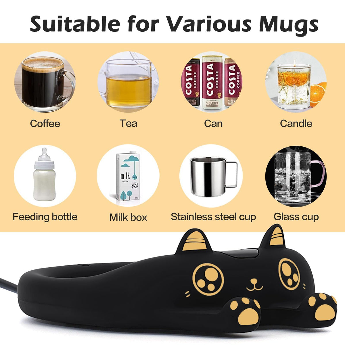 PUSEE Mug Warmer showing 3 temperature settings for precise warming.