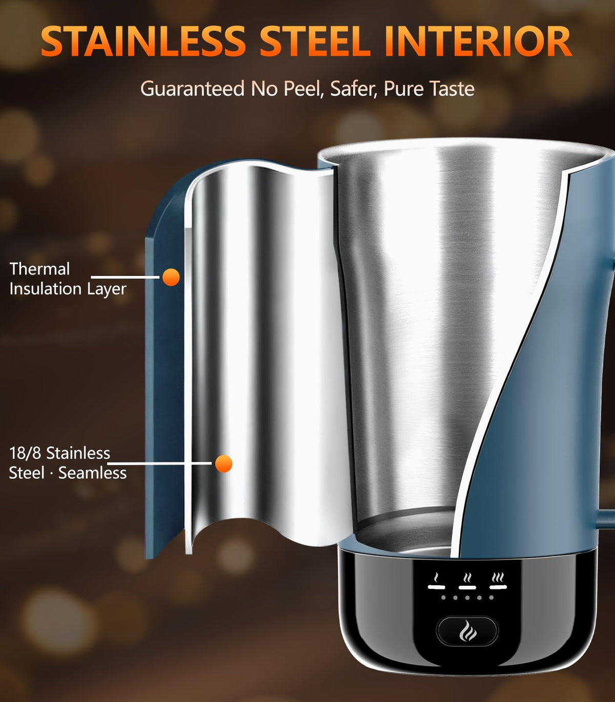 LED indicator shows three heat presets for precise temperature control