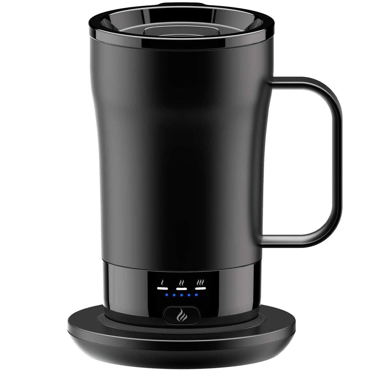 PUSEE self-heating mug on charging base with lid, showcasing extended warmth during long meetings