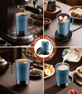 Steam rises from PUSEE mug after selecting temperature, ready to enjoy