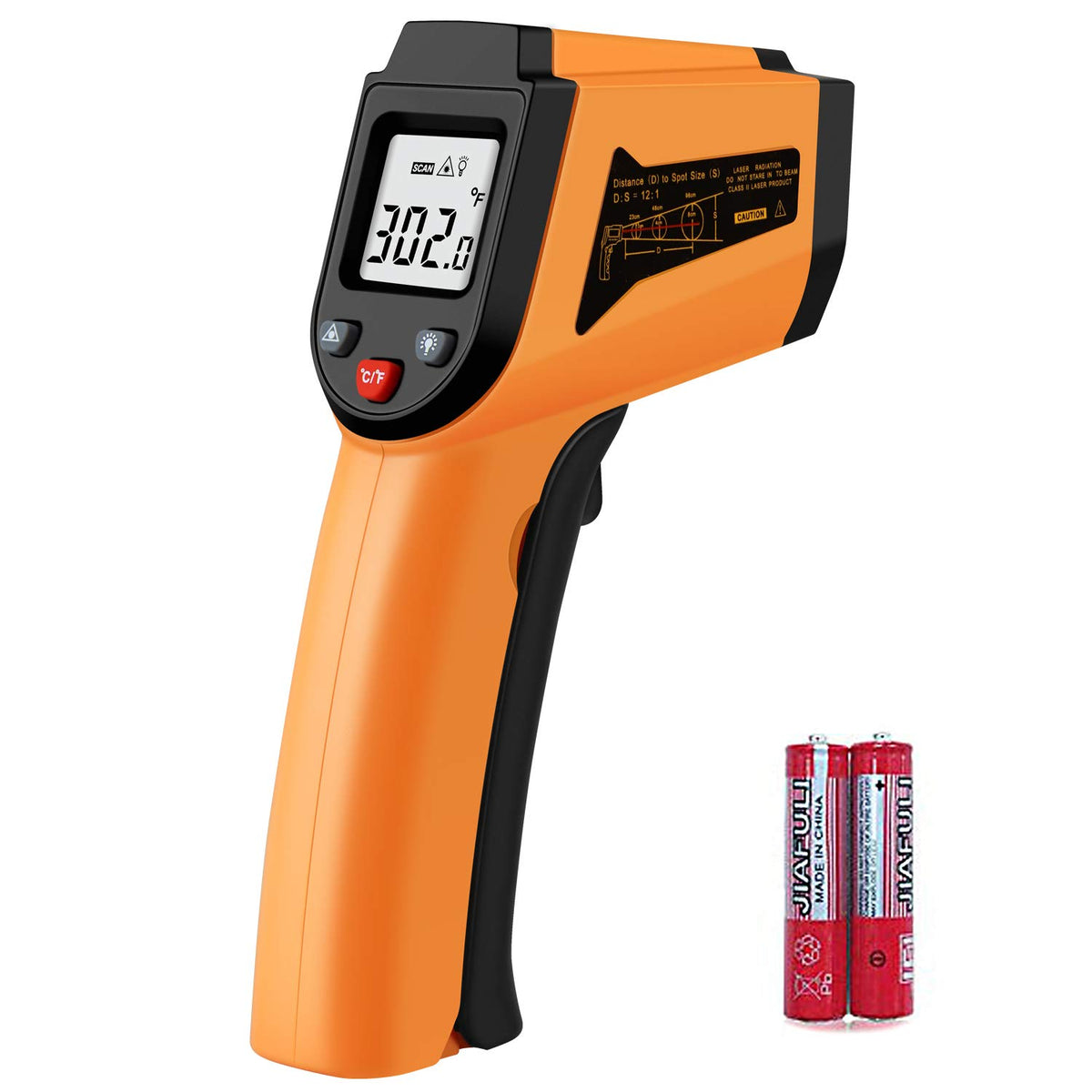 PWWDADA laser thermometer front view orange for quick non-contact surface measurements.