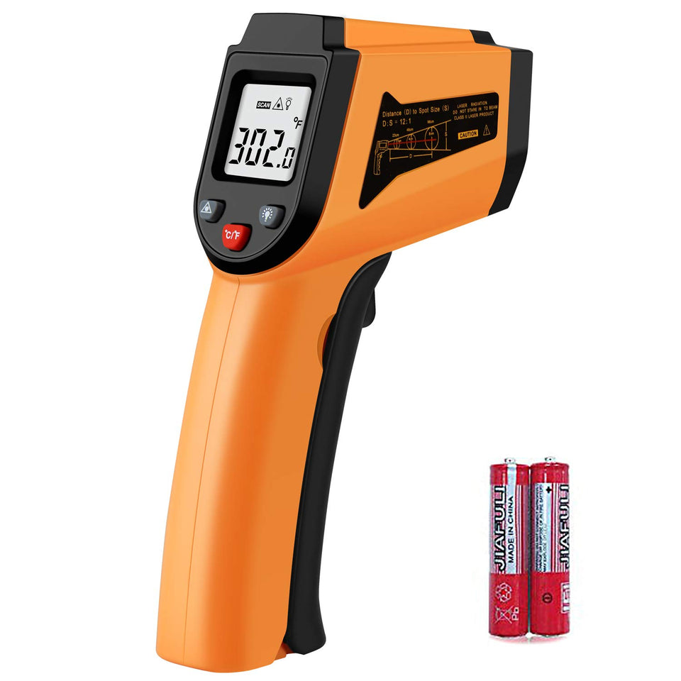 PWWDADA laser thermometer front view orange for quick non-contact surface measurements.