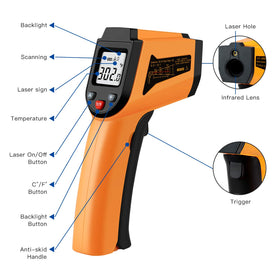 PWWDADA laser thermometer side view orange enables accurate distant surface measurements.