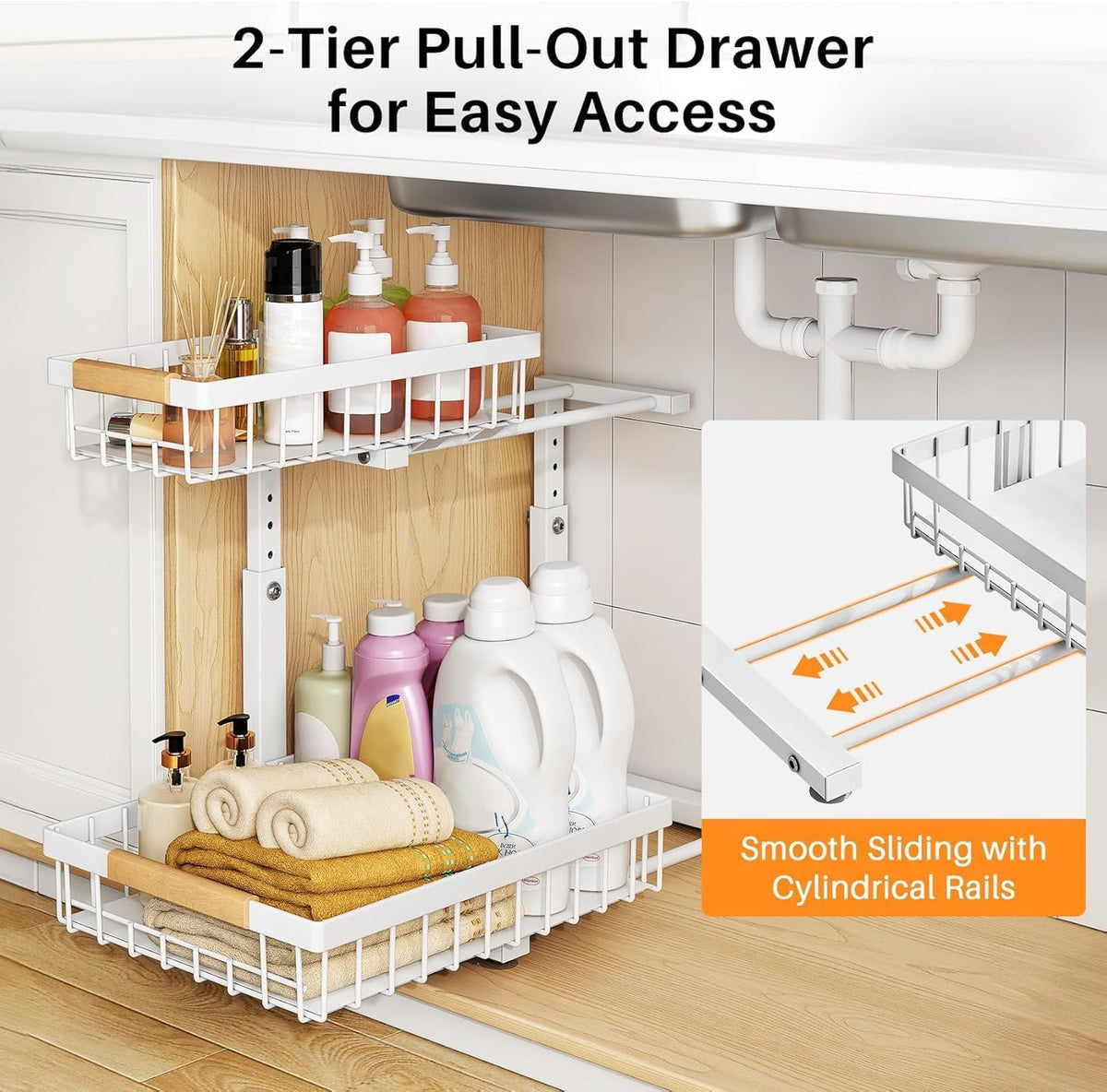 PXRACK height-adjustable under-sink storage adapts to cabinet height