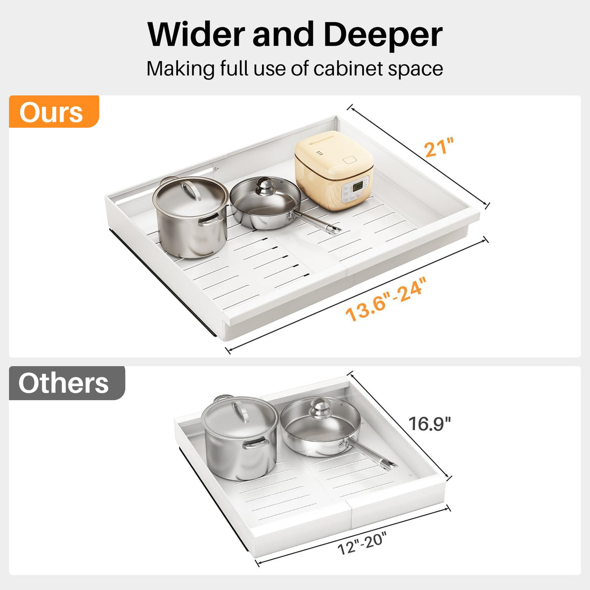 PXRACK expandable pull-out drawer shows 13.6 to 24 inches width for flexible storage