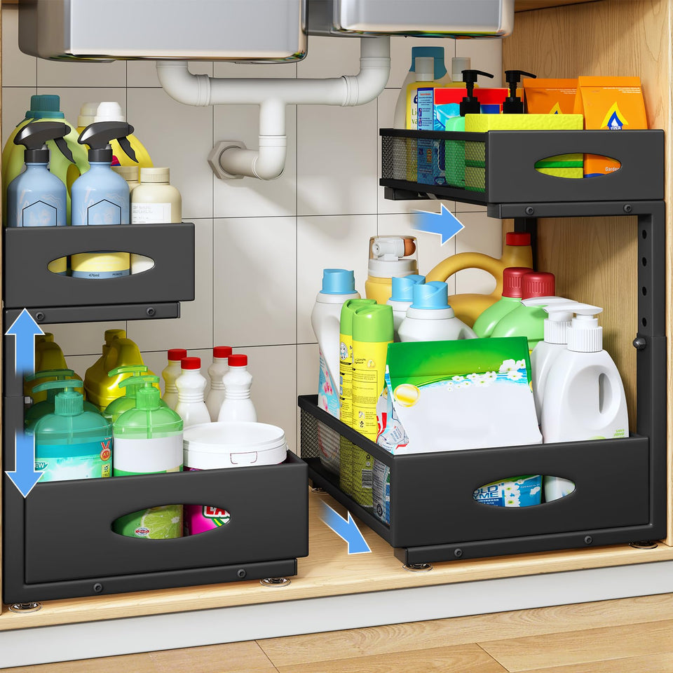 PXRACK two-tier under-sink organizer showing pull-out drawers for easy access