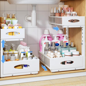 PXRACK under-sink organizer in left view improves accessibility and declutters cabinetry.