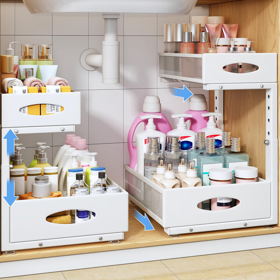 PXRACK under-sink organizer in left view improves accessibility and declutters cabinetry.