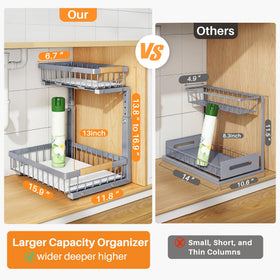 PXRACK adjustable-height under-sink rack fits tall bottles
